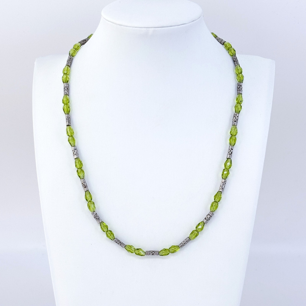 Vintage Sterling Silver 925 Green Crystal Bead Necklace | 18"